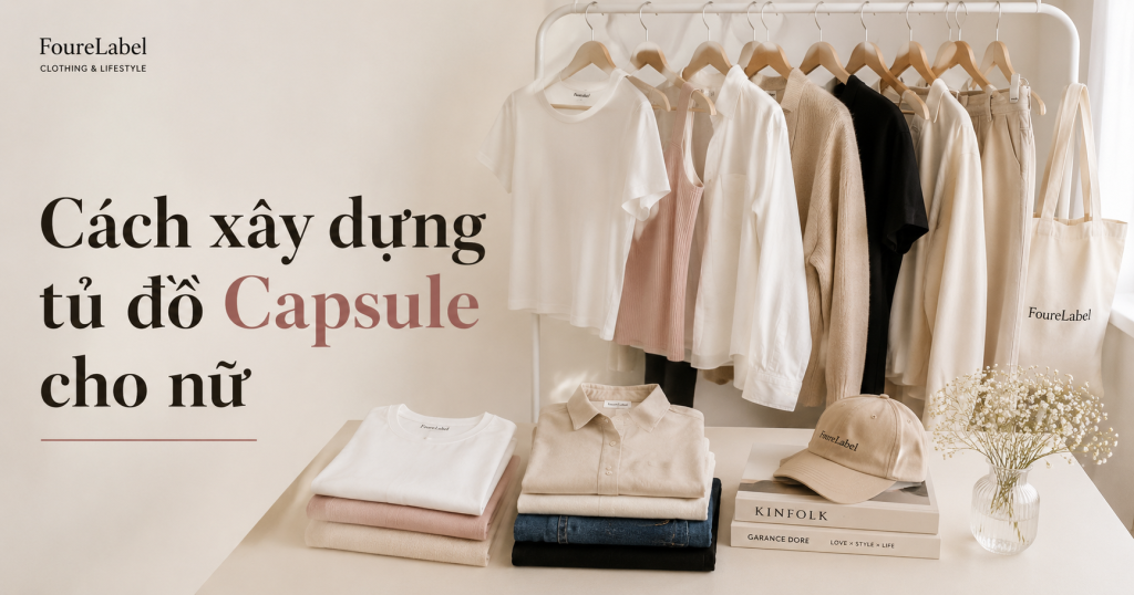 Tủ đồ capsule với quần áo nữ FoureLabel gồm các item cơ bản như áo thun, sơ mi, quần jean và phụ kiện giúp phối đồ tối giản, hiện đại.