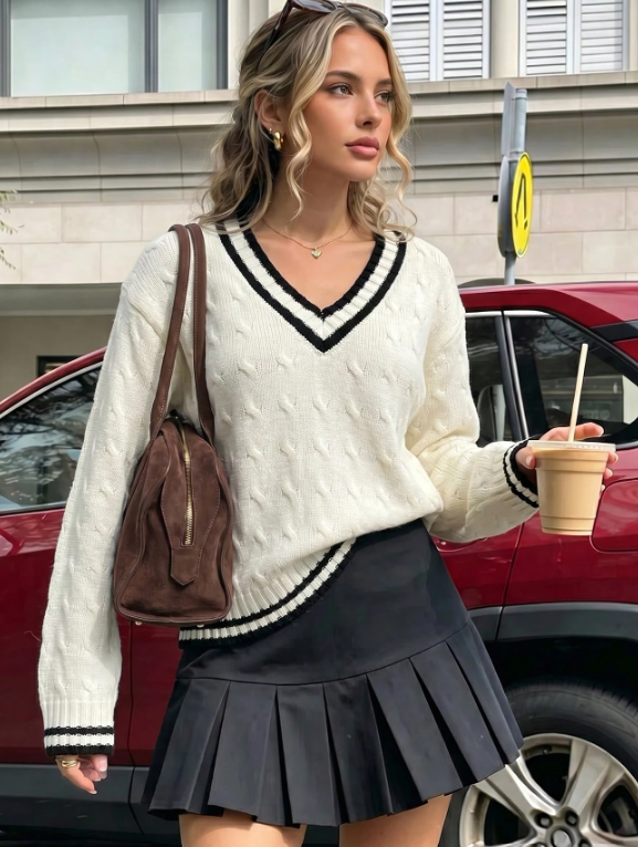 Quần áo nữ FoureLabel phối outfit giao mùa với áo thun, chân váy và cardigan trẻ trung, phù hợp thời tiết thay đổi.